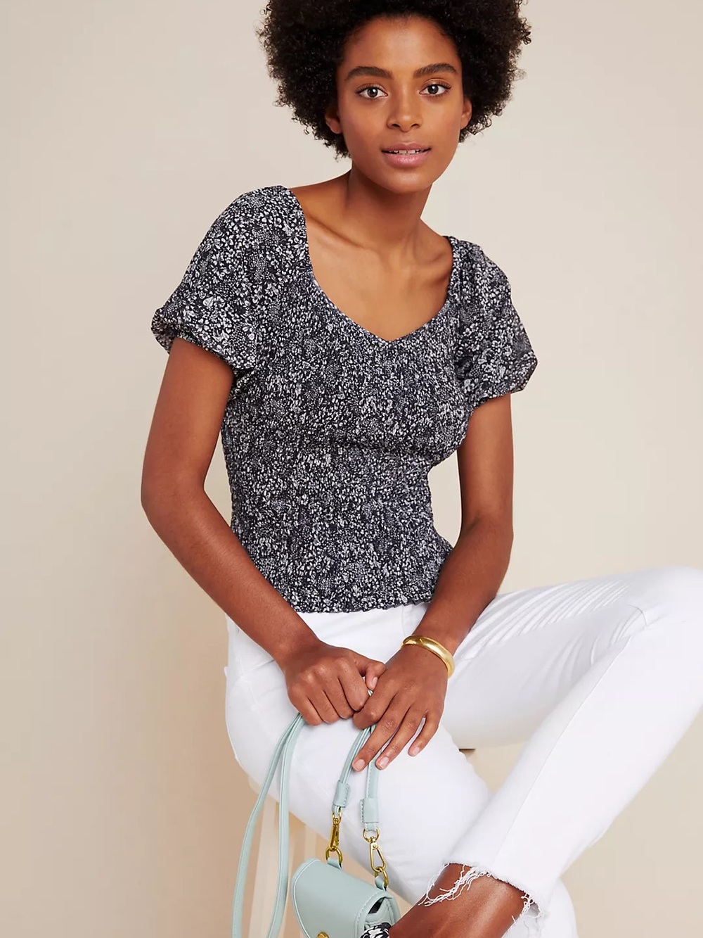 Anthropologie Black & White Aurelia Smocked Top | Size XL